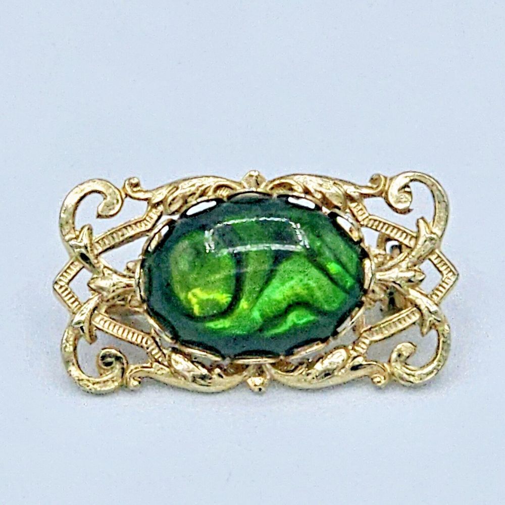 Vintage Paua Shell Brooch Green Lucite Art Deco Scroll Frame Estate Jewelry Pin